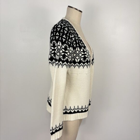 Boston Proper Womens M Black White Open Front Sweater Cardigan Fair Isle Nordic - Picture 5 of 10